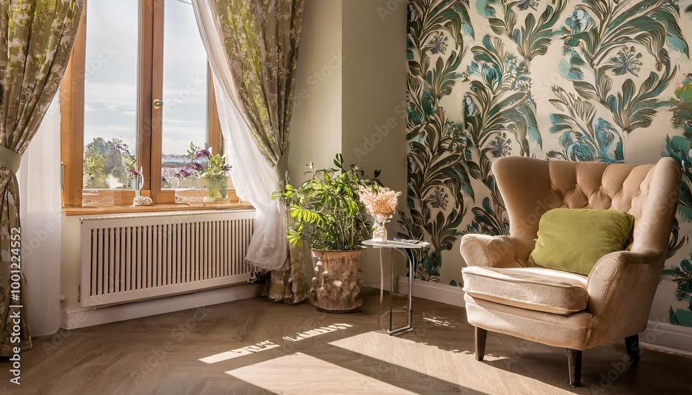 Poster In a chic interior, a well-lit room invites relaxation and book reading, featuring a comfortable armchair. The wallpaper adorned with a floral motif, crafted by Generative AI