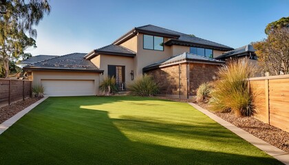 In a modern Australian home or residential setting, the front yard showcases artificial grass lawn turf bordered by timber edging
