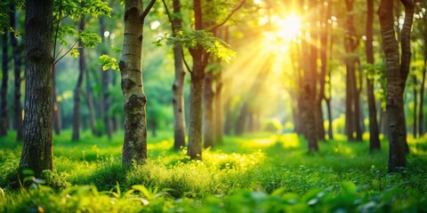 Fototapeta premium Serene blurred background of lush greenery, soft sunlight, and subtle tree trunks, providing a peaceful and natural