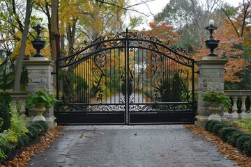 Obraz premium Ornate wrought iron gate is preventing access to a luxury home at the end of a tree lined driveway in autumn