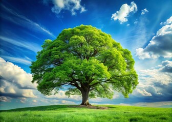 Obraz premium Serene landscape featuring a majestic deciduous tree with sprawling branches and vibrant green leaves set against a