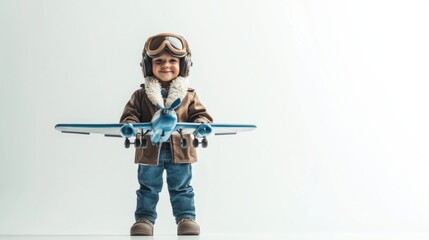 Adorable pilot standing confidently with a toy airplane and a bright smile, isolated on a clean white background.