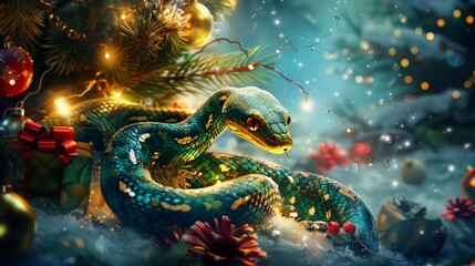 Fototapeta premium A snake is curled up on a Christmas tree