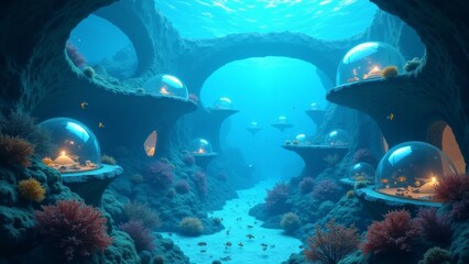 Fototapeta premium Generative AI, a underwater scene with a large aquarium and corals and fish in it's water tank, with a fish swimming in the water, 3 d render, a matte painting, fantasy art 