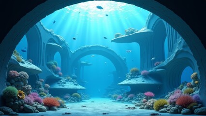 Generative AI, a underwater scene with a large aquarium and corals and fish in it's water tank, with a fish swimming in the water, 3 d render, a matte painting, fantasy art
