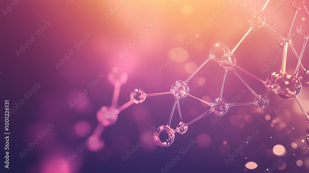 Poster Abstract representation of molecules and chemical structures in a vibrant energetic setting at dusk with glowing elements. Generative AI