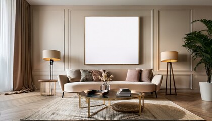 Luxury living room with poster mockup, showcasing upscale interior aesthetics