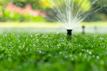 Obraz premium Water drops sparkling on grass with automatic sprinkler working on sunny day