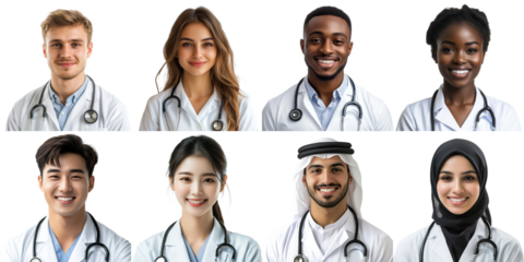 Collage of multiracial doctors smiling, isolated on transparent background, perfect for healthcare, diversity, and medical teamwork projects.