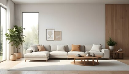 A modern, minimalist living room with a large, comfortable sectional sofa in neutral tones, wooden accents, and a bright, airy atmosphere.