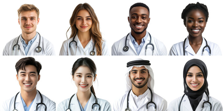 Collage of multiracial doctors smiling, isolated on transparent background, perfect for healthcare, diversity, and medical teamwork projects.