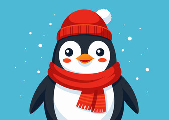 Emperor penguin with a red knitted hat and a winter scarf