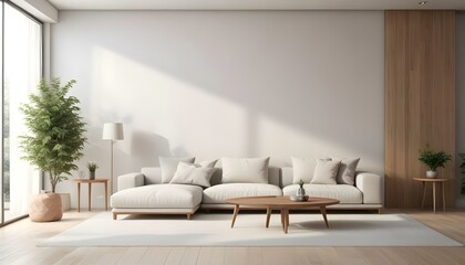 A modern, minimalist living room with a large, comfortable sectional sofa in neutral tones, wooden accents, and a bright, airy atmosphere.