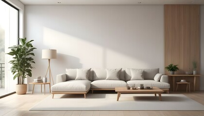 A modern, minimalist living room with a large, comfortable sectional sofa in neutral tones, wooden accents, and a bright, airy atmosphere.