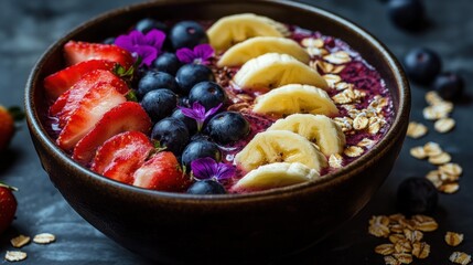 A colorful smoothie bowl topped with fruits, oats, and edible flowers for a healthy breakfast.