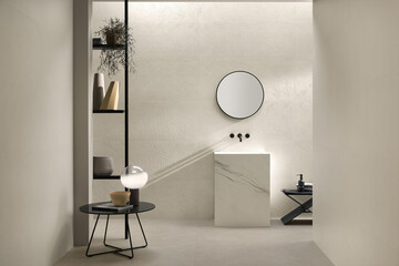 Modern bathroom interior in minimal scandinavian style, 3d render