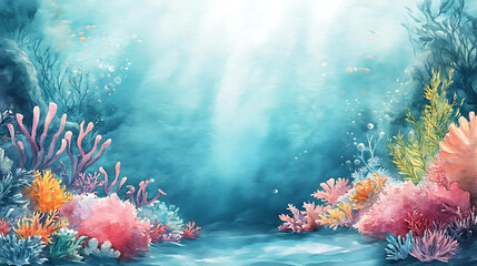 A watercolor painting of an underwater scene with coral reefs, seaweed, and bubbles.