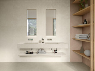 Modern bathroom interior in minimal scandinavian style, 3d render