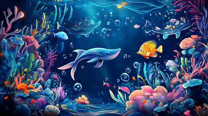 A colorful underwater scene with fish swimming among coral reefs.