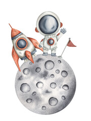 Space watercolor hand-drawn illustration with cute little astronaut and rocket on Moon. Expedition to Moon. Сartoon composition for kids