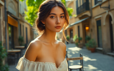 Portrait of a young dark-haired woman in a light summer dress on the streets of an old Mediterranean city. Walking around the city.