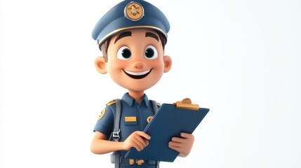 Fototapeta premium Adorable pilot with a captain's hat, holding a clipboard and smiling brightly, isolated on a clean white background.