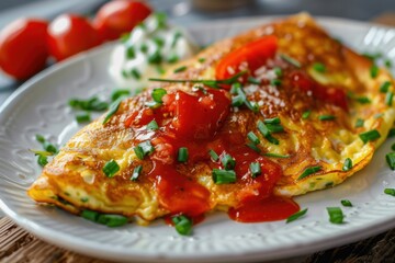 Fluffy omelette with fresh herbs and tomato sauce for a savory breakfast






