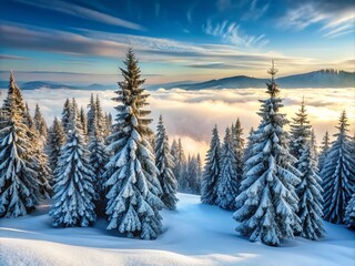 Fototapeta premium Serene winter landscape featuring dense evergreen trees standing tall amidst a blankets of fresh snow, with misty fog
