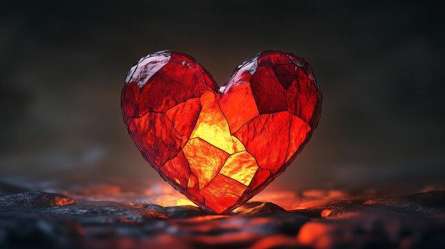 Transparent shining red heart shaped stone on dark background 