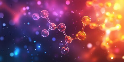 Molecular or atom structure on violet and orange gradient background - concept of science research on structure of the human body