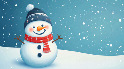 A happy snowman standing in the snow with a blue sky and falling snowflakes in the background.