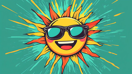 Smiling sun wearing sunglasses, cool summer design.
