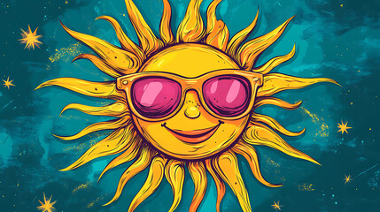A happy sun wearing pink sunglasses smiles against a blue and green background with stars.