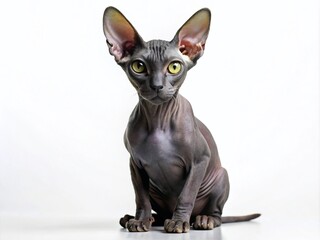 Sleek black hairless cat with wrinkled skin and large ears sits on a white background, showcasing its unique