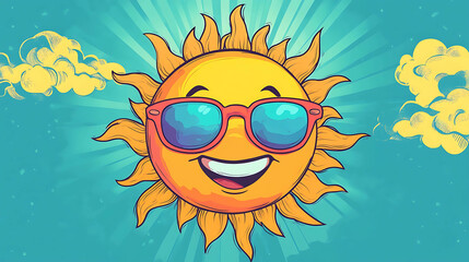 A cartoon sun wearing sunglasses and smiling.