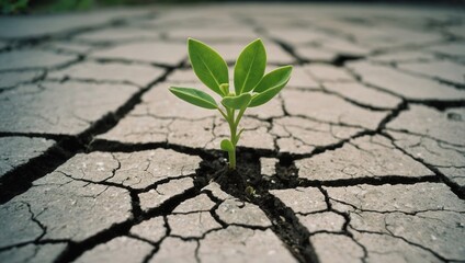 Seedling emerging from cracked earth, symbolizing resilience