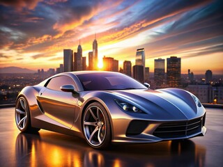 Sleek, high-performance sports car with gleaming metallic paint, curved lines, and angular design, set against a