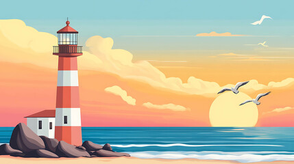 Cartoon illustration of a lighthouse on a rocky beach at sunset.