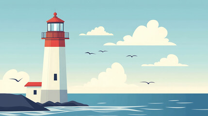 A lighthouse on a rocky shore with the ocean and sky in the background.