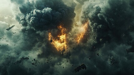 Fototapeta premium Dense black clouds of smoke billowing from a violent explosion, creating an ominous atmosphere with floating debris and turbulent air.