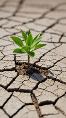 Single plant growing from cracked earth, symbolizing resilience