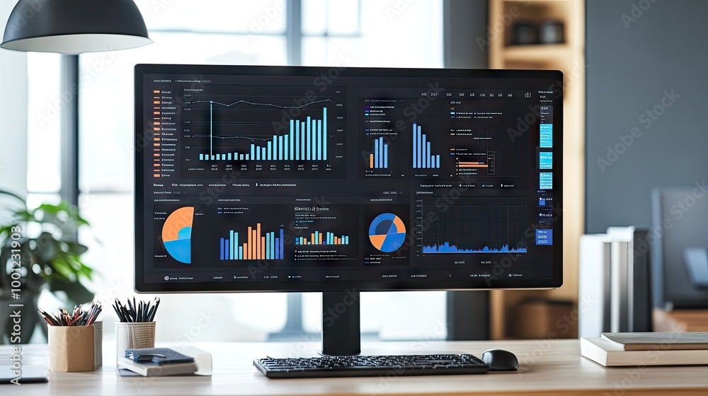 Poster desktop monitor with multiple data visualizations, bar charts, and pie graphs. bright and engaging a