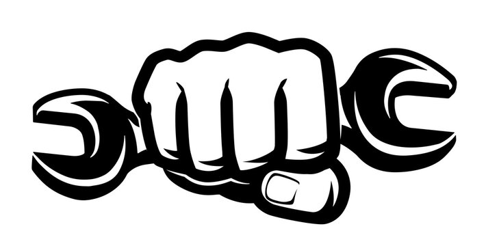 recommend clip art: Tool wrench in hand. Repair service work, workshop symbol. Black and white illustration