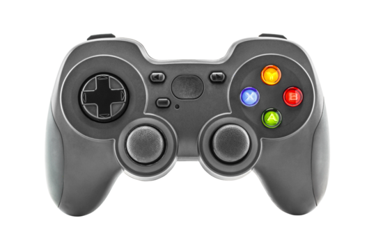 Black game controller isolated on a white background