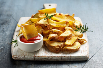 Fried potato dippers with ketchup on a white wooden board