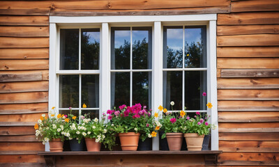 A white window with a wood frame sits in the wall of a wooden house. The window is decorated with colorful flowers in pots