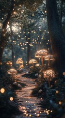 Obraz premium A magical forest path lined with glowing mushrooms and twinkling fairy lights.