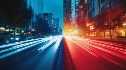 Naklejka premium A vibrant urban scene at night, showcasing blurred lights from moving vehicles against a backdrop of illuminated buildings.