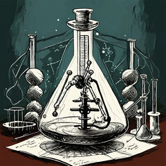 Illustration of a laboratory with research bottles featuring colors that evoke a sense of genius and critical thinking
