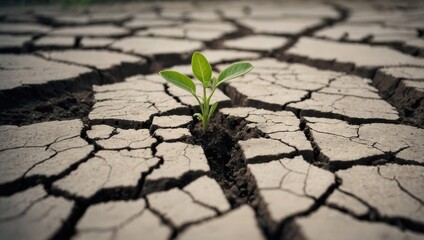 Single seedling sprouting from cracked, dry soil